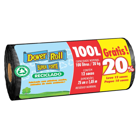 Saco para Lixo Dover Roll 100 Litros - Reciclado - Com 10 Sacos - Rolo