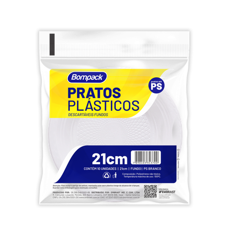 Prato descartavael bompack branco fundo 21cm c/10un