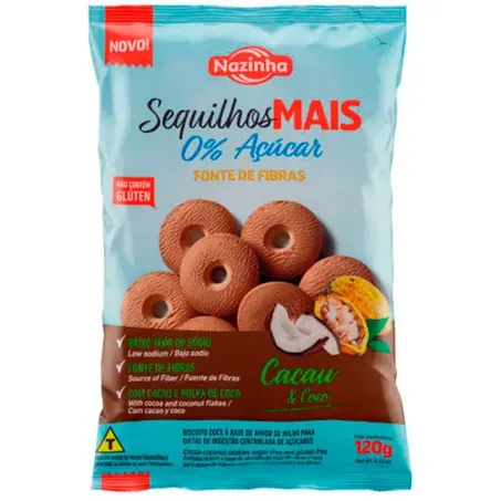 BISCOITO SEQUILHOS NAZINHA SEM GLUTEN/LACTOSE CACAU E COCO 120G