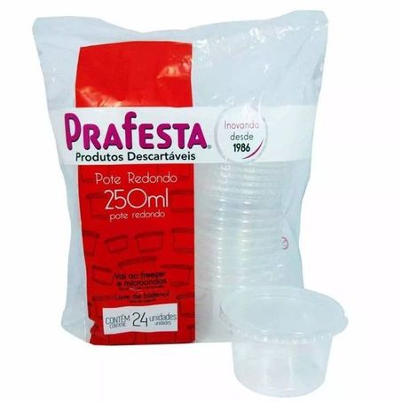 POTE PLÁSTICO REDONDO C/ TAMPA PRAFESTA TRANSPARENTE 250ML C/24UN