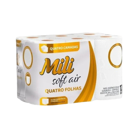 Papel higiênico mili soft air quatro folhas 20 metros com 12 unidades