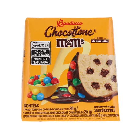 Panettone Bauducco Chocottone M&M's, Contém 1 Sachê de Cobertura Chocolate com Avelã 25gr + 1 Sachê de Confeitos Coloridos 20gr Caixa 80gr 360-2