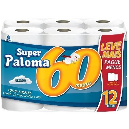 Papel Higiênico Paloma Folha Simples Pacote 12 Rolos 60m X 10cm