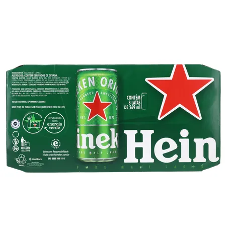 Cerveja Lager Heineken Puro Malte Lata 269ml - Pacote com 8un - 2.1lt 360-4