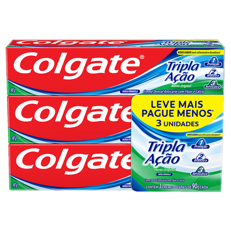 CREME DENTAL COLGATE TRIPLA AÇÃO MENTA ORIGINAL LEVE MAIS PAGUE MENOS PACK C/3X90G