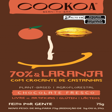 Barra de Chocolate Intenso 70 e Laranja com Castanha Cookoa 75g