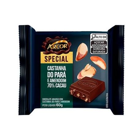 Chocolate barra arcor meio amargo com castanha do para e amendoim 60g
