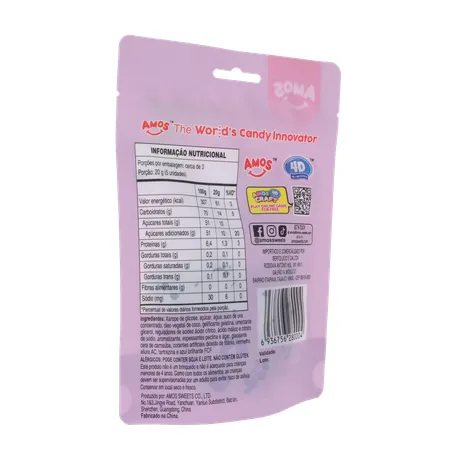 Balas de Gelatina Amos Fruit Gummy Grape Burst Juice Filled Sachê 65gr 360-15