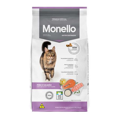 Alimento para gatos castrados adultos peru e salmão monello pacote 1kg