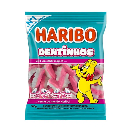BALAS DE GELATINA MORANGO E FRAMBOESA DENTINHOS HARIBO