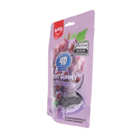 Balas de Gelatina Amos Fruit Gummy Grape Burst Juice Filled Sachê 65gr 360-5