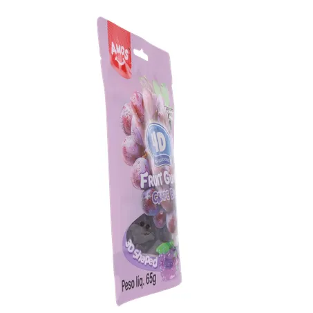 Balas de Gelatina Amos Fruit Gummy Grape Burst Juice Filled Sachê 65gr 360-29