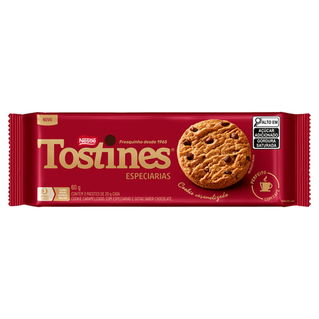 Biscoito Cookie com Gotas de Chocolate Caramelizado com Especiarias Tostines Pacote 60g
