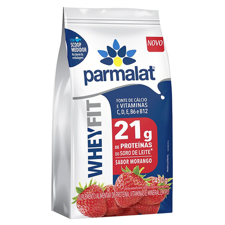 Suplemento em Pó Whey Protein Parmalat 450g - 21g de Proteína - WheyFit - Morango