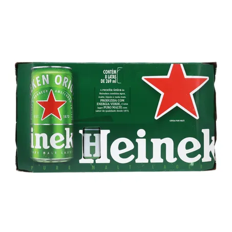 Cerveja Lager Heineken Puro Malte Lata 269ml - Pacote com 8un - 2.1lt 360-2