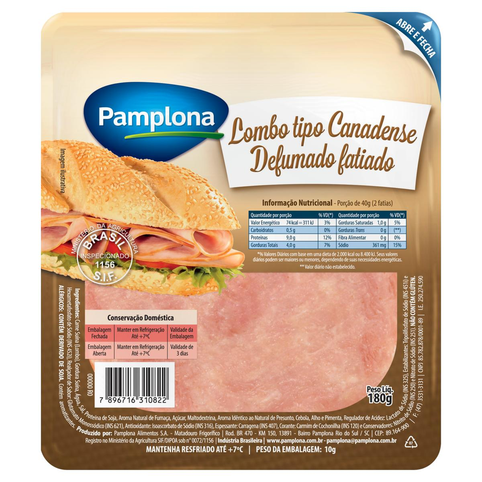 Lombo Suíno Pamplona 180g - Tipo Canadense - Defumado - Fatiado
