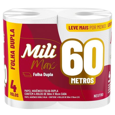 Papel higiênico mili max folha dupla 60m c/ 4 rolos