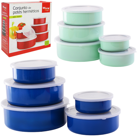 Conjunto de Pote de Inox Redondo C/Tampa de Plástico 5 Peças 250/450/700/1000/1400ML