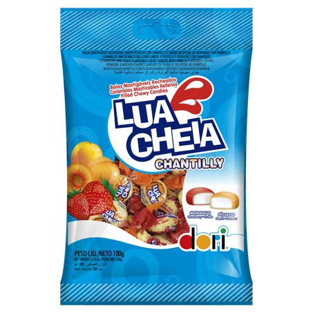 Bala recheada dori lua cheia chantilly morango e pêssego pacote 100g