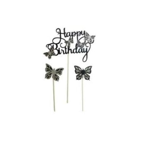 TOPO BOLO BORBOLETA HAPPY BIRTHDAY PRETO 13X18CM C/3PCS