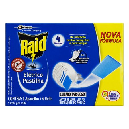 KIT 1 APARELHO + 4 REPELENTE PASTILHA ELÉTRICO 4 NOITES RAID REFIL