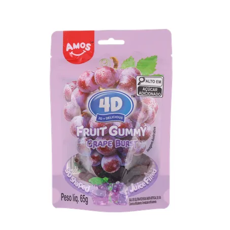 Balas de Gelatina Amos Fruit Gummy Grape Burst Juice Filled Sachê 65gr 360-0