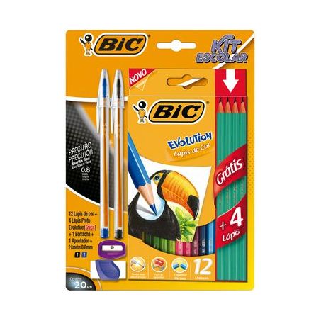 Kit bic lápis de cor 12 + borracha + apontador + 2 canetas (grátis 4 lápis)