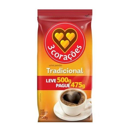 Café 3 corações tradicional leve 500g pague 475g pacote 500g