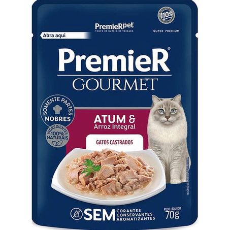 Sache Ração Úmida Premier Gourmet Para Gatos sabor Atum e Arroz integral 70Gr