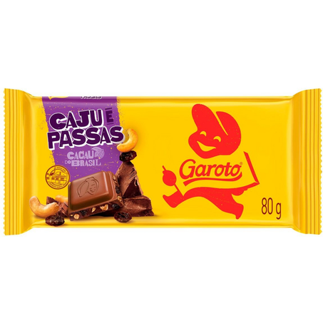 Chocolate barra garoto 80g caju e passas