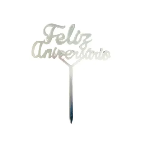 TOPO DE BOLO TRIANGULADO PRATA FELIZ ANIVERSÁRIO 10X16CM
