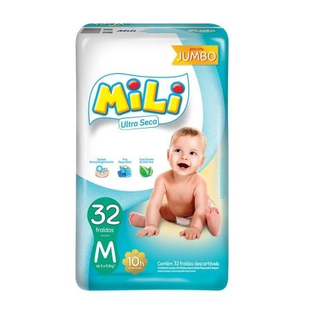 Fralda Descartável Mili Ultra Seca Jumbo Tamanho M Pacote 32UN