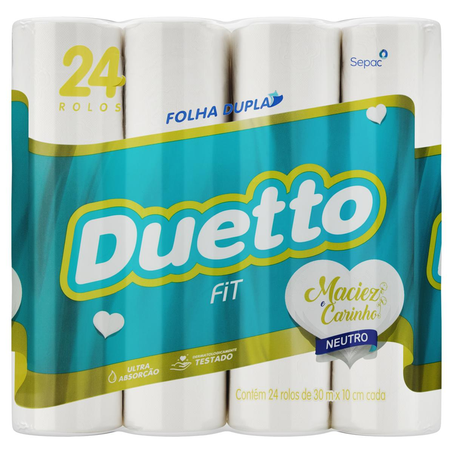 Papel Higiênico Duetto Fit 30m - Neutro - Folha Dupla - Leve 24, Pague 22 Rolos