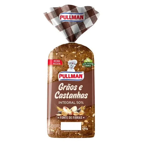 Pão de forma pullman grãos & castanhas 50% integral pacote 450g