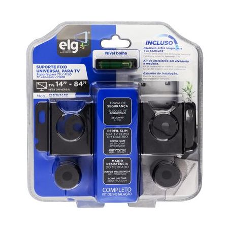 Suporte Fixo para TV ELG GENIUS Para TVs de 14 a 84 - Gabarito para Instalação - Sistema de Encaixe Rápido - Suporta até 100kg