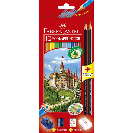 Lápis de Cor Ecolápis Faber-Castell Com 12 Cores + 2 Lápis Pretos + 1 Borracha + 1 Apontador - Ref. 120112+2N