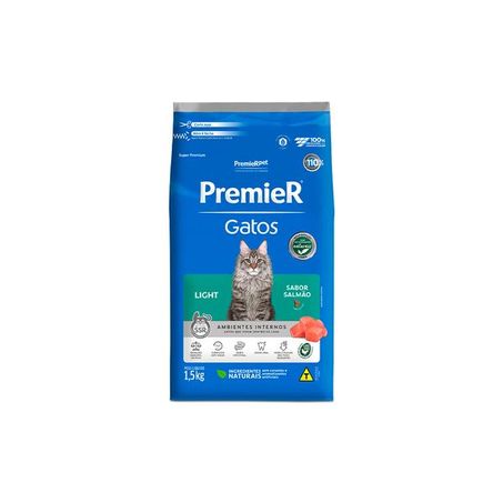 Ração Premier Ambientes Internos Light para Gatos Adultos Sabor Salmão 1,5Kg