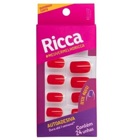 Unhas Ricca Autoadesivas Vermelho Paixão com 24 Unidades