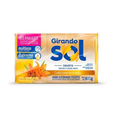 Sabão Barra Glicerinado Multiuso Neutro Girando Sol Pacote 3 Unidades 600G