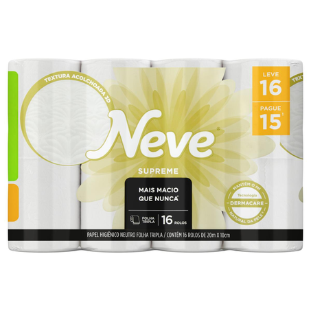 Papel Higiênico Neve 20m - Folha Tripla - Neutro - Leve 16, Pague 15 Rolos