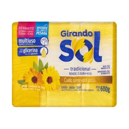 Sabão Barra Multiuso Tradicional Girando Sol Pacote 3 Unidades 600G