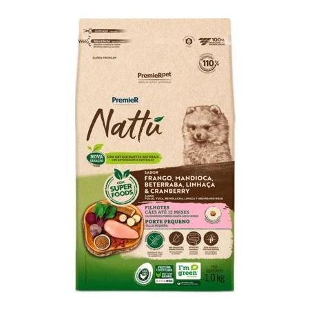 Ração Premier Nattu para Cães Filhotes de Raças Pequenas Sabor Mandioca 1Kg