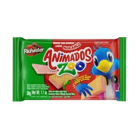 Biscoito Wafer Recheio Morango Richester Animados Zoo Pacote 30G