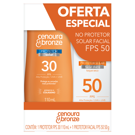 Kit Protetor Solar FPS 30 110ml  Protetor Solar Facial Toque Seco FPS 50 50g Cenoura  Bronze 