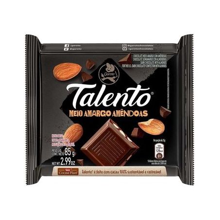 Chocolate Meio Amargo com Amêndoas Garoto Talento Pacote 85G
