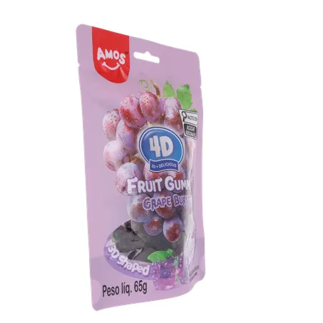 Balas de Gelatina Amos Fruit Gummy Grape Burst Juice Filled Sachê 65gr 360-31