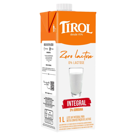 Leite Tirol UHT 1 Litro - Zero Lactose - Integral - TP