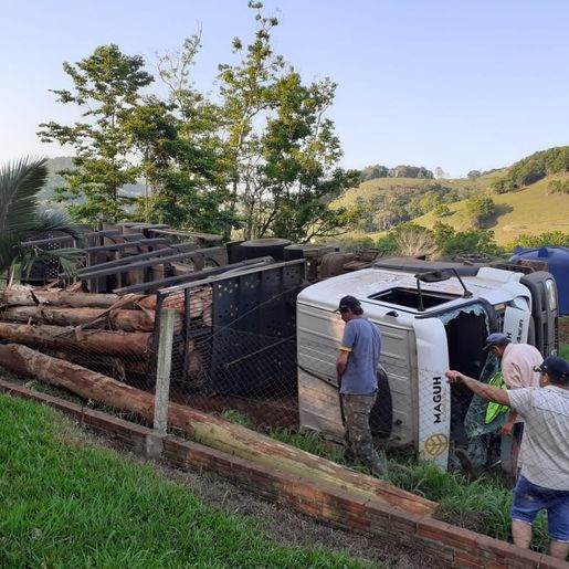 Caminhão carregado com madeira tomba em Riqueza