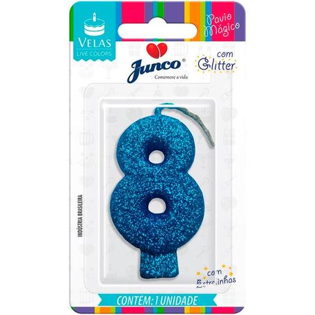 Vela Aniversario Junco Live Colors N8 Azul Glitter