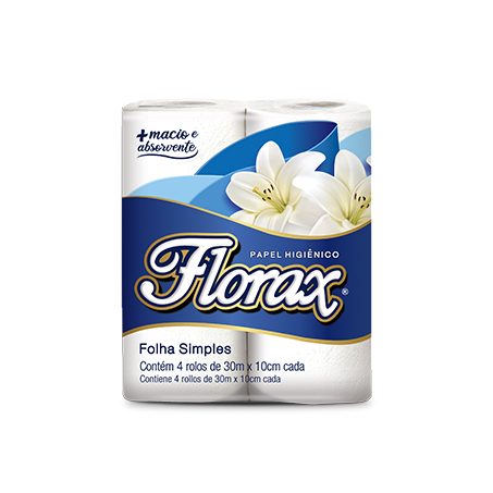 PAPEL HIGIÊNICO FLORAX 30M FOLHA SIMPLES C/4 ROLOS